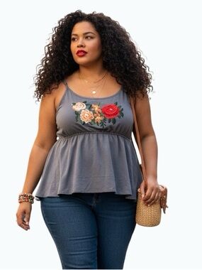 Shein  Grey Floral Embroidered Peplum Cami Tank Top Size 4XL